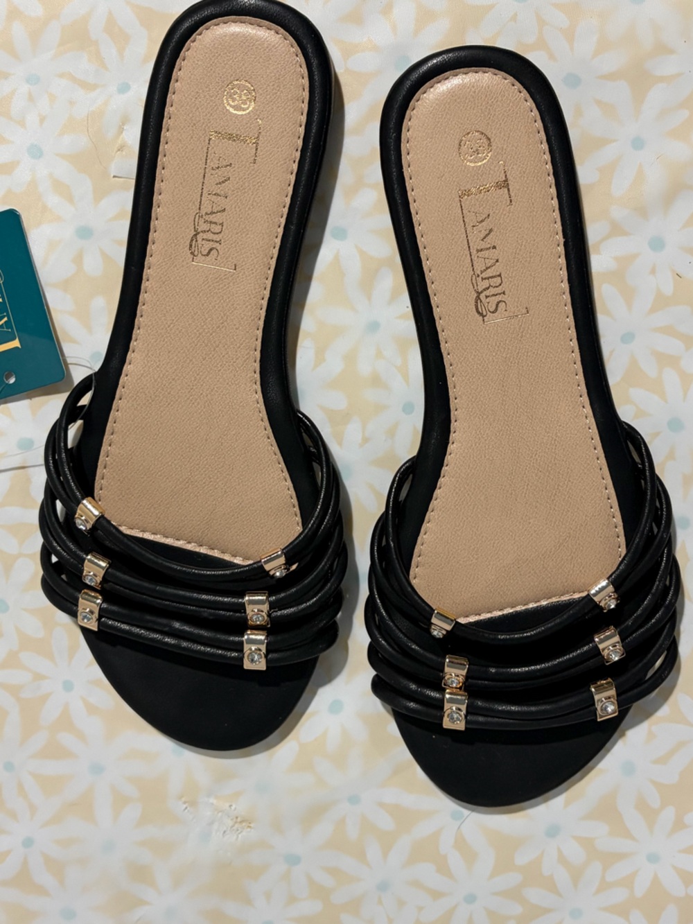 Tamaris Black Multi-Strap Slide Mules with Gold Accents